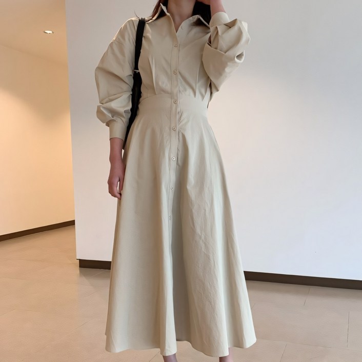 쪼예 데일리 벌룬 허리 핀턱 뒷밴딩 셔츠 롱 원피스