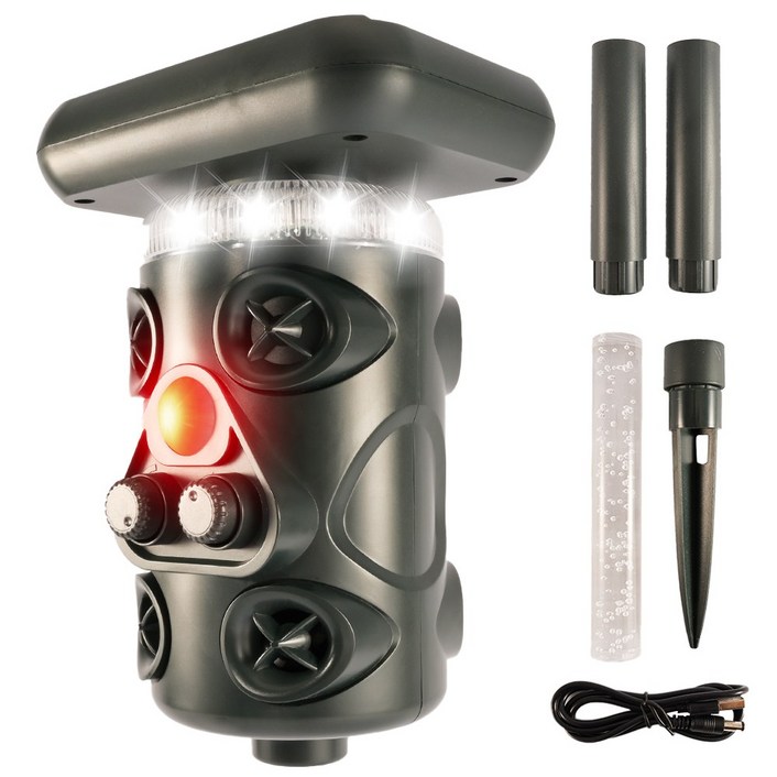 RYNOVEX 360도 태양열 충전 야생동물 퇴치기 4중강력 모드 적외선탐지초음파LED섬광4개스피커 경보음 감광 야간조명 겸용 방수방진 30여종 동물 멧돼지 두더지 고라니