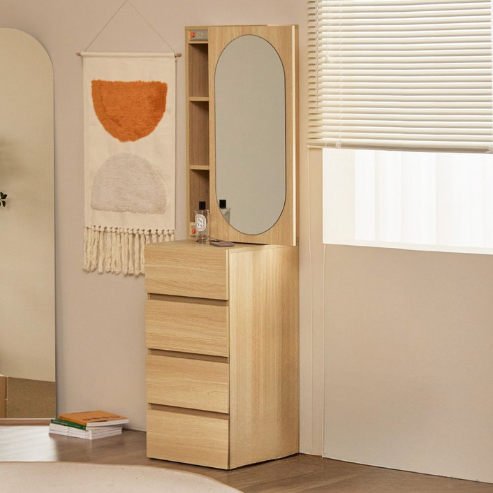 할인해봄 파로마 로우A 라운드 거울 틈새수납 공간활용 입식화장대 400, 오크