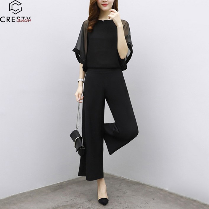 크레스티 여성 캐주얼 구김 없는 블라우스 오피스룩 세트 여름 와이드 팬츠 상하세트
