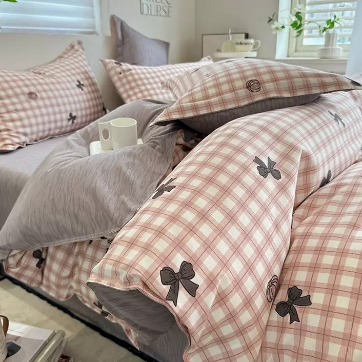 수면일기 귀여운 리본 체크 워싱면 싱글 퀸 이불커버 단품