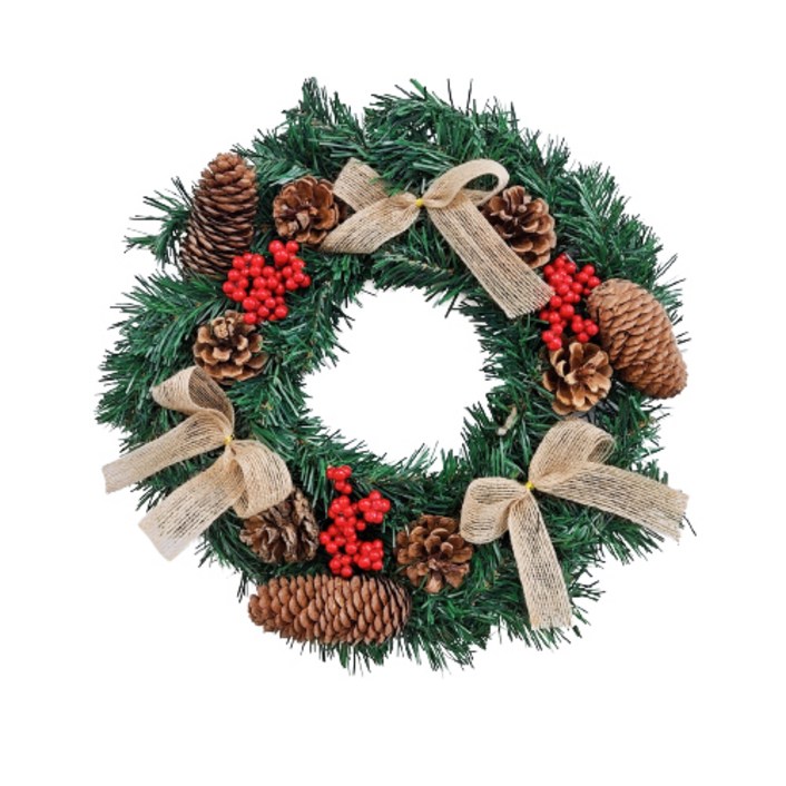 해피인어스 크리스마스 그리너리 원형 조화 장식 리스 2종, 1개, 그린 솔방울