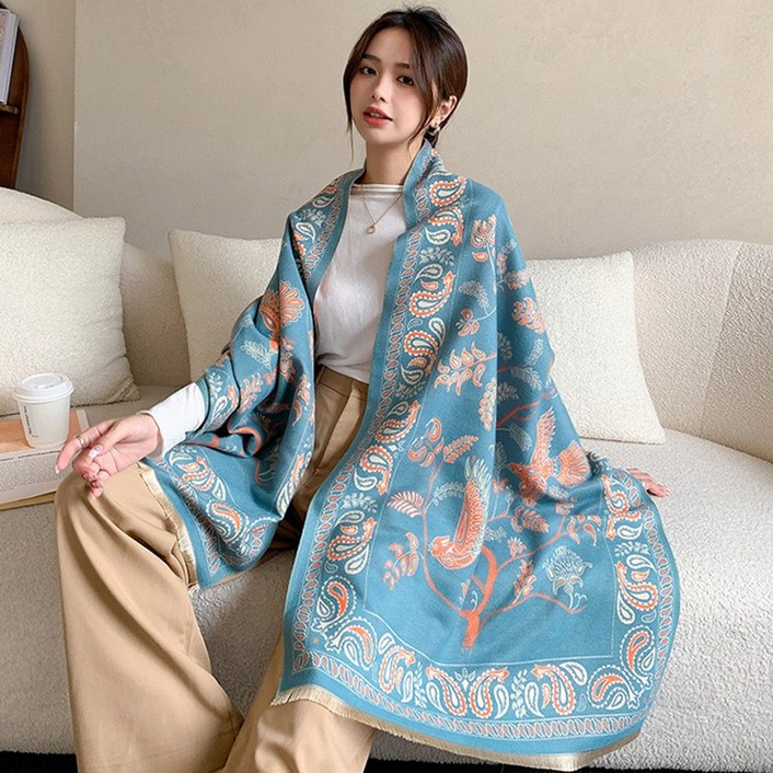 POMTOR 여성 가을 겨울 핑크 플로럴 프린트 캐주얼 숄 루즈핏 보온 스카프  숄