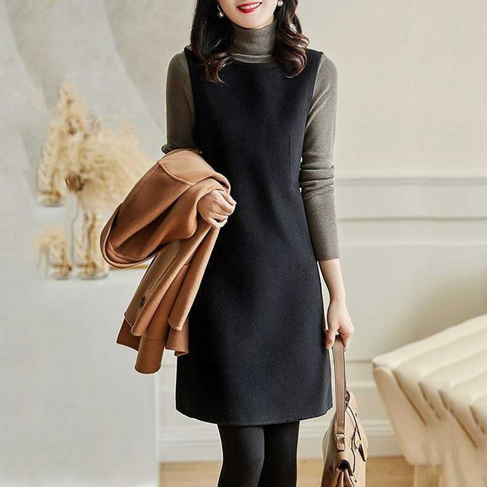 ORZQU 가을겨울 여성 캐주얼 모직 민소매 A라인 조끼 원피스