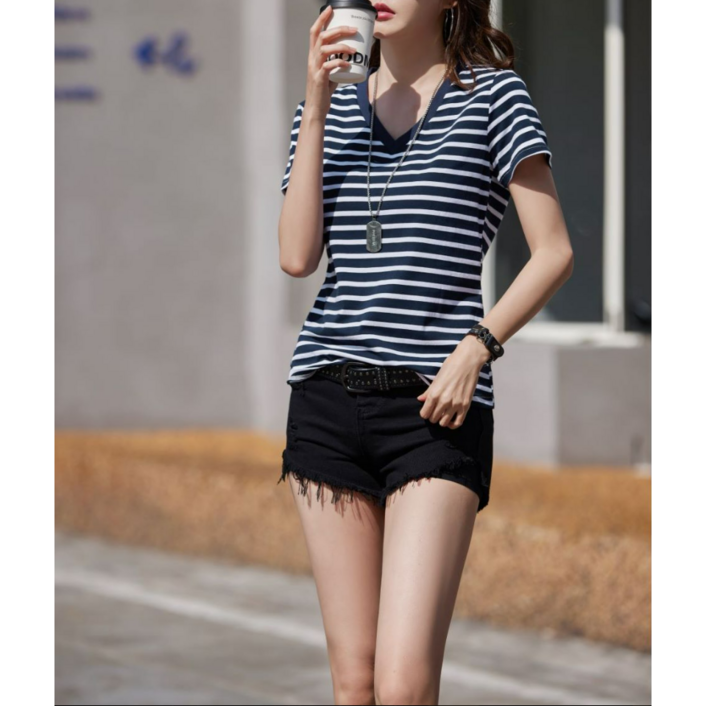 베스트 로드 여성 스트라이프 브이넥 줄무늬 반팔 티셔츠 베스트 로드 여성 스트라이프 브이넥 줄무늬 반팔 티셔츠