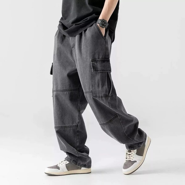 화만 남성용 청바지 복고 와이드 구식 카고 팬츠