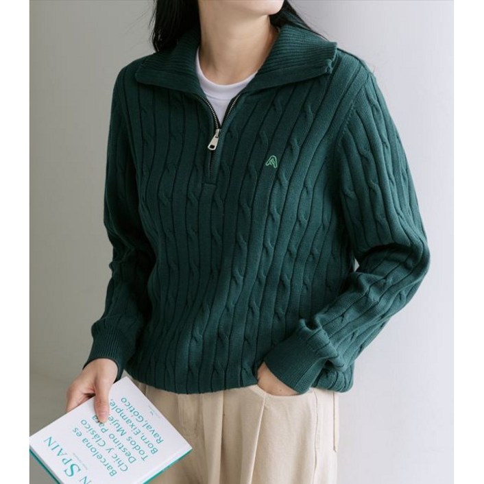 올모스트스퀘어 여성 반집업 니트 프리미엄라인 흔치않은 최고급 100 코튼 소프트 터치 스웨터 케이블 꽈배기 하프집업 카라니트