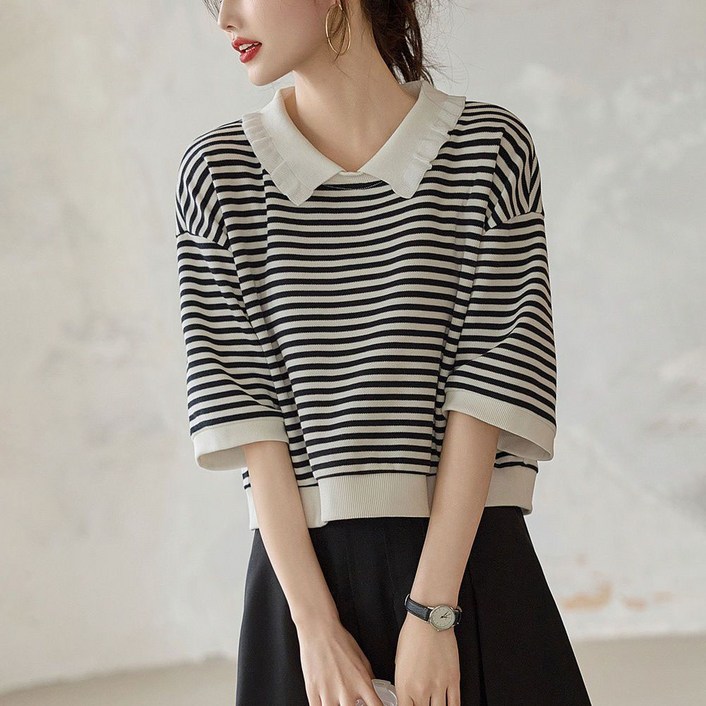 ROYALBELLE 여성 스트라이프 프릴 카라 배색 루즈핏 반팔 캐주얼 티셔츠 데일리 단가라룩 A0051319