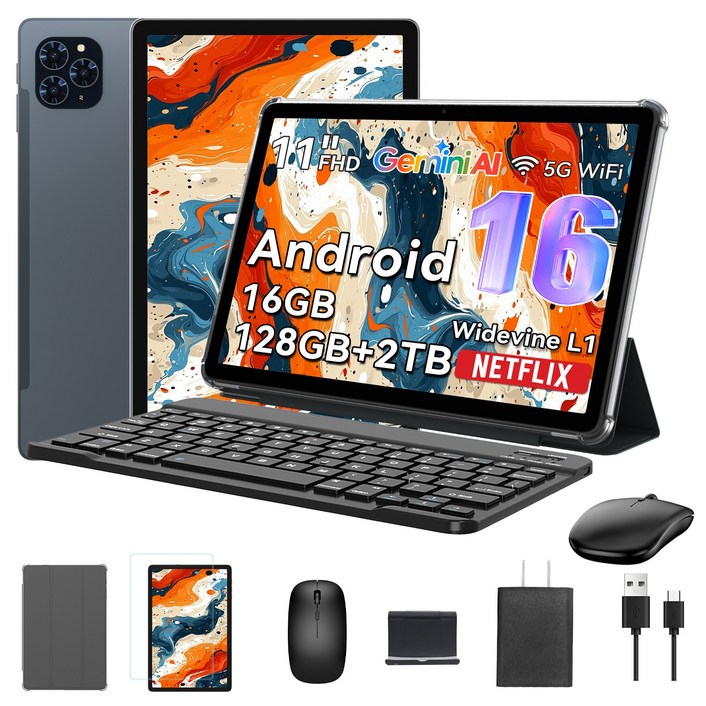 TABWEE 2026 최신형 태블릿 Android16 Gemini AI 11인치 태블릿PC 16GB +128GB 2TB확장 옥타코어 게이밍 테블릿 pc 9in1 키보드세트, Wi-Fi, 128GB, 회색