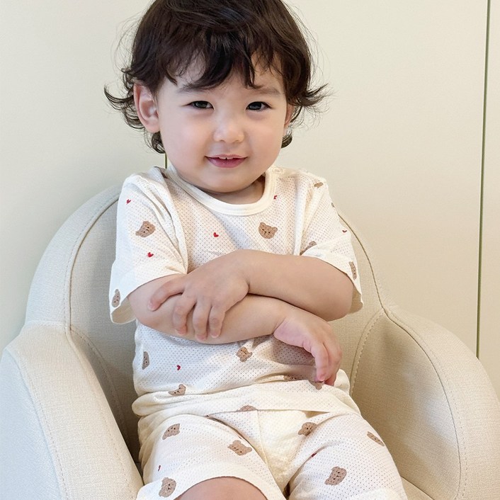 배꼽손 아동용 5부 반팔 밤부 메쉬 아기곰 항균 실내복 상하세트