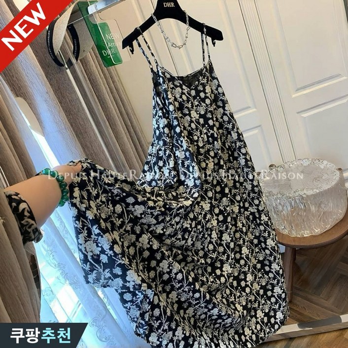 150kg까지 빅사이즈 여성 플라워 프렌치 플레어 멜빵치마 여름 신상 편한 맥시 브이넥 박스 베이직 핏 예쁜 프린트 젊어 보이는 얇은것 시원한 휴양지 바캉스 모던 민소매 원피스