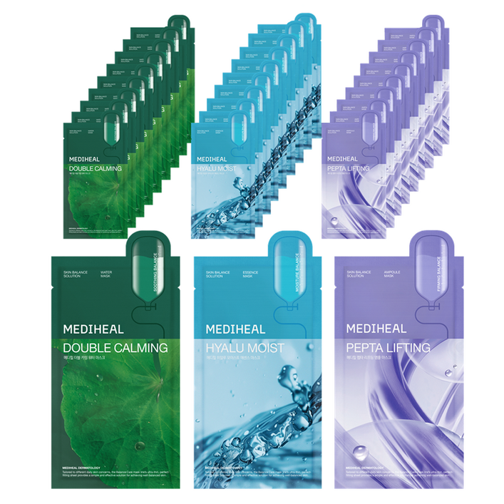 메디힐 더블 카밍 워터 마스크  히알루 모이스트 에센스 마스크  펩타 리프팅 앰플 마스크, 30개입, 1개