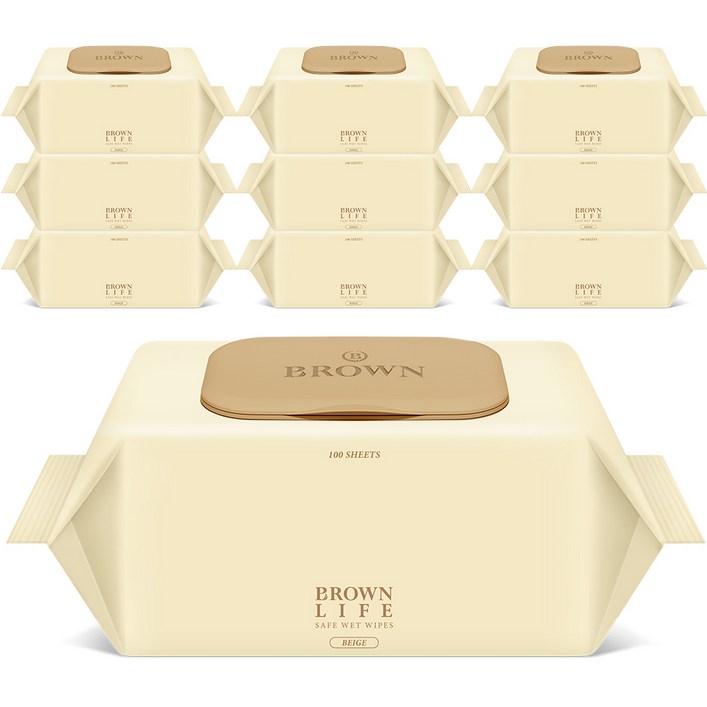 브라운 라이프 베이지 엠보싱 대용량 아기물티슈 캡형 50평량, 50g, 100개입, 10개