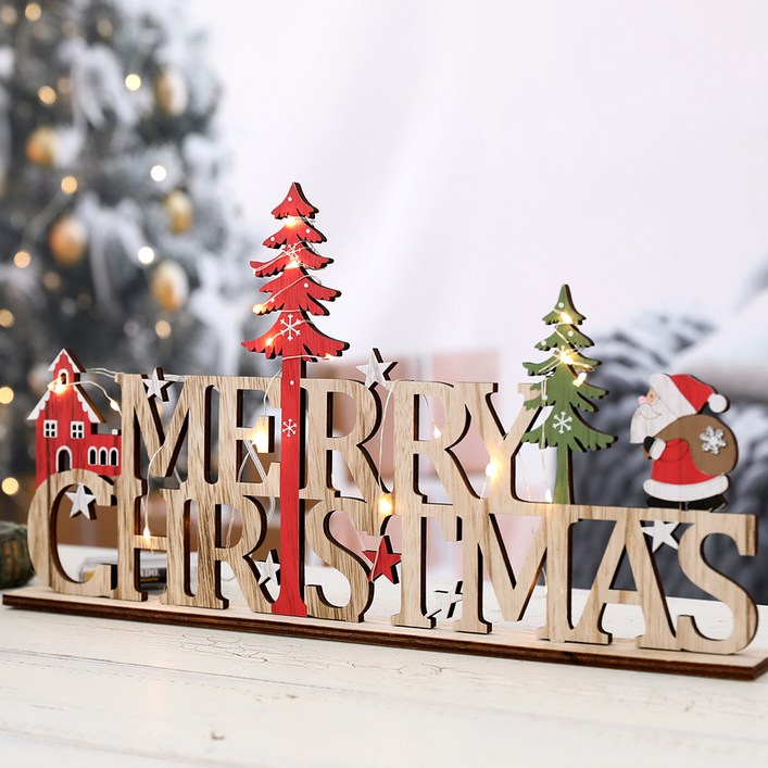 행복한마을 크리스마스 데코소품 크리스마스우드 사인 + 받침 + 세무줄 + LED 전구