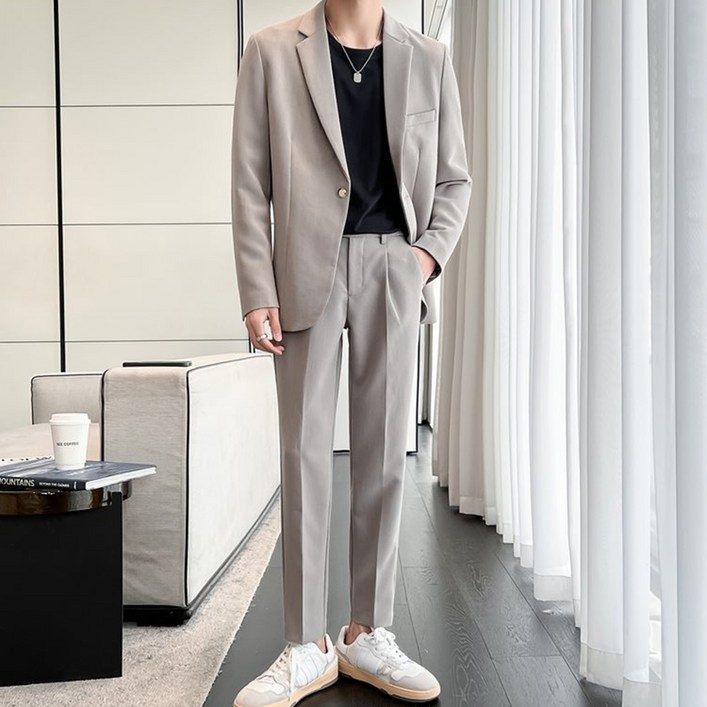 엘쏘 남성용 빅사이즈 베이직 캐주얼 하객룩 면접정장 상하의 세트