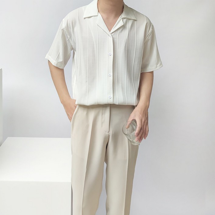 남성용 DM 플리츠 오픈 반팔 셔츠