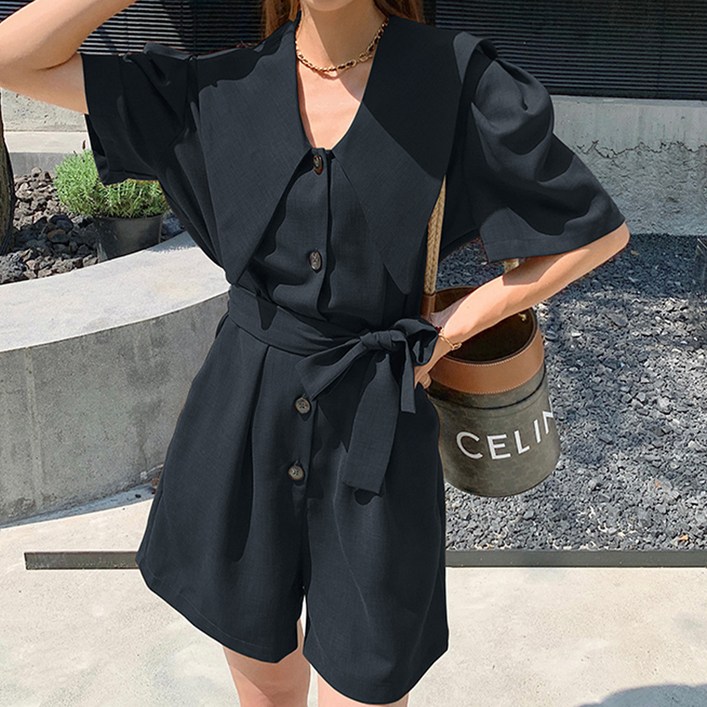 페이퍼먼츠 오드리 빅카라넥 스트랩 반팔 점프수트 10973