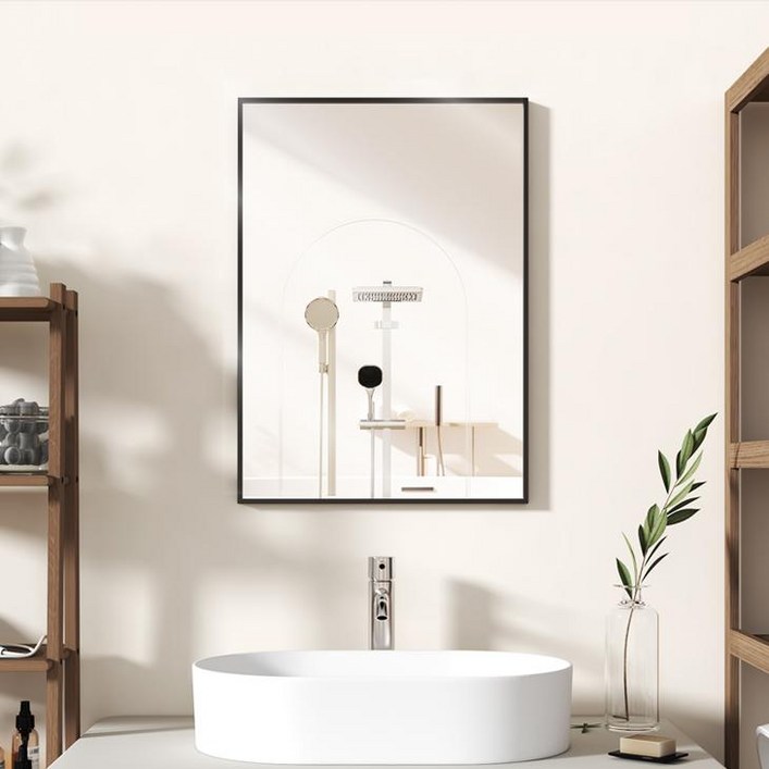 뷰티피크 사각형 화장대 강화안전유리 욕실 거울 610 x 910 mm, 블랙