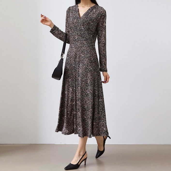 프롬코 여성용 긴팔 패턴 브이넥 스판 랩셔링 롱 원피스 FRC214