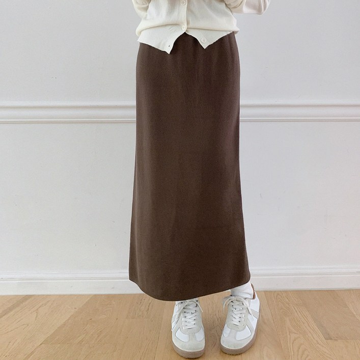 플랜데이 여성용 숏/미디움 기장 세라 니트 트임 밴딩 롱 스커트