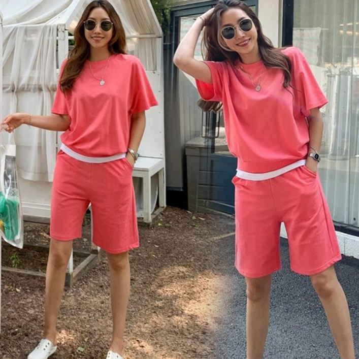 NewCare 여성 썸머 반바지 트레이닝복 세트 레이어드 배색