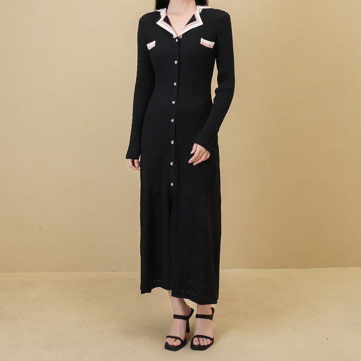 마지막SALEHIP39 긴팔 슬림 스트라이프 카라넥 단추 골지 롱원피스