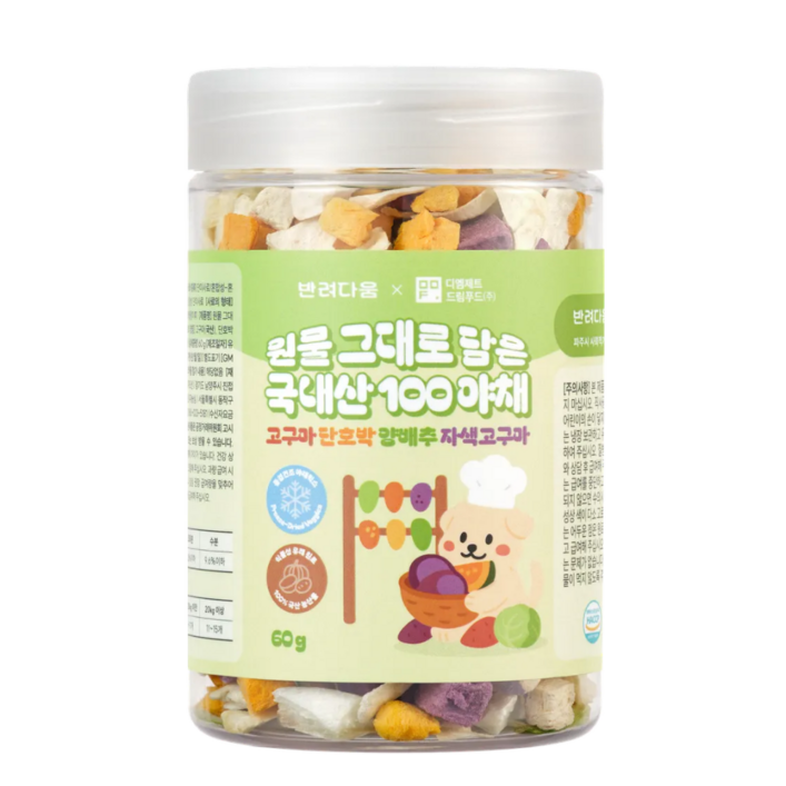 반려다움 강아지 동결건조간식 100% 국내산 원물 야채 간식, 1개, 60g, 혼합맛(고구마/단호박/양배추/자색고구마)