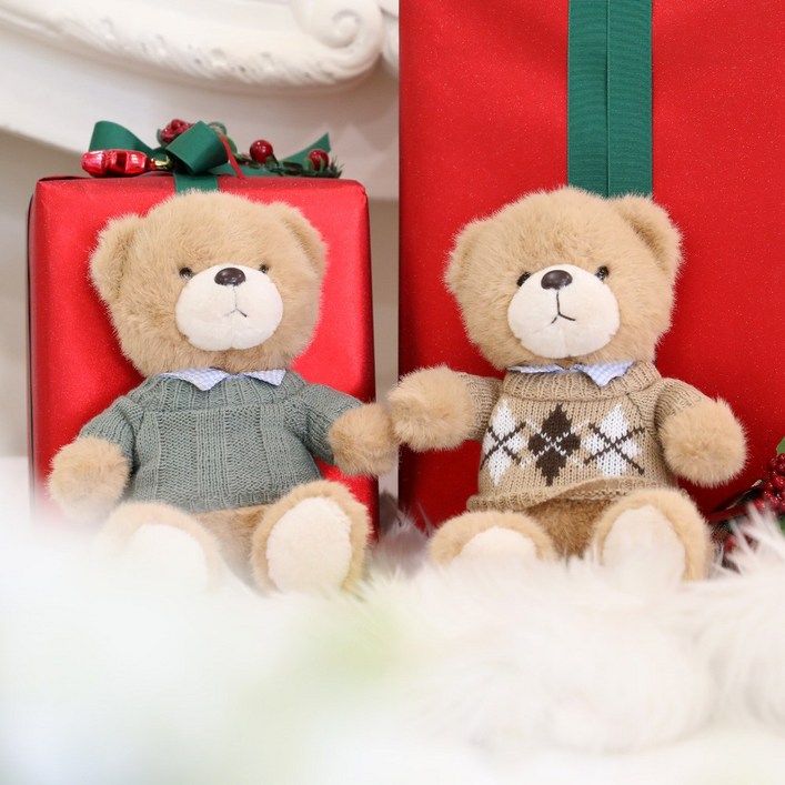 크리스마스 인형 애착 봉제인형 곰돌이 스윗베어커플, 03 카키  브라운체크