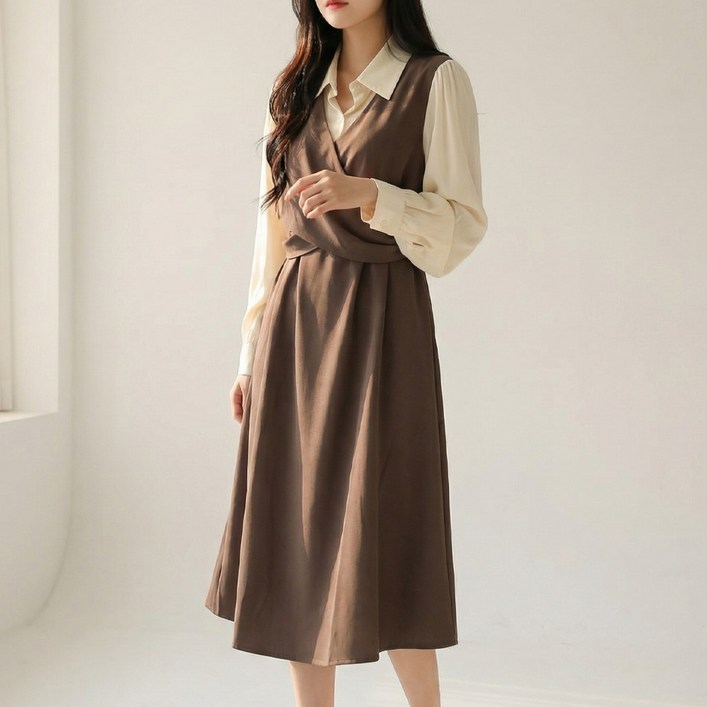 빅사이즈 여성 봄가을 레이어드 롱원피스 D1039 까데트