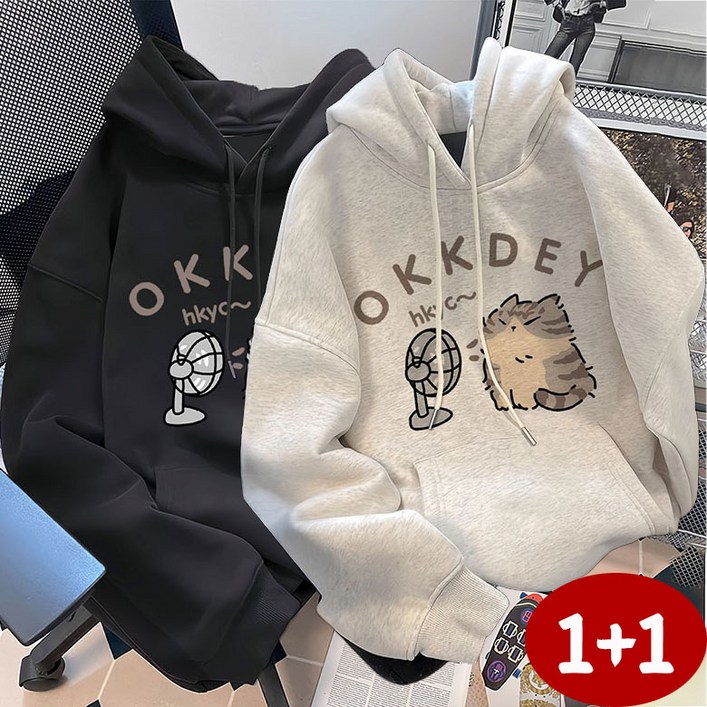 11가을겨울 후드 남녀 프린트 상의 캐주얼 루즈핏 기모 보온 도톰한 커플 귀여운 나른한 귀여운 상의
