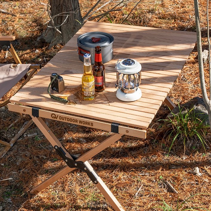 아웃도어웍스 캠핑 테이블 접이식 높이조절 원목 우드롤 캠핑용 롤테이블, 우드베이지 - 쇼핑앤샵