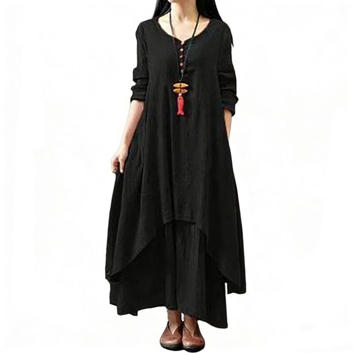 차쿠 여성 브이넥 린넨 롱 원피스 중년 린넨 우너피스 엄마 루즈 빅사이즈 원피스