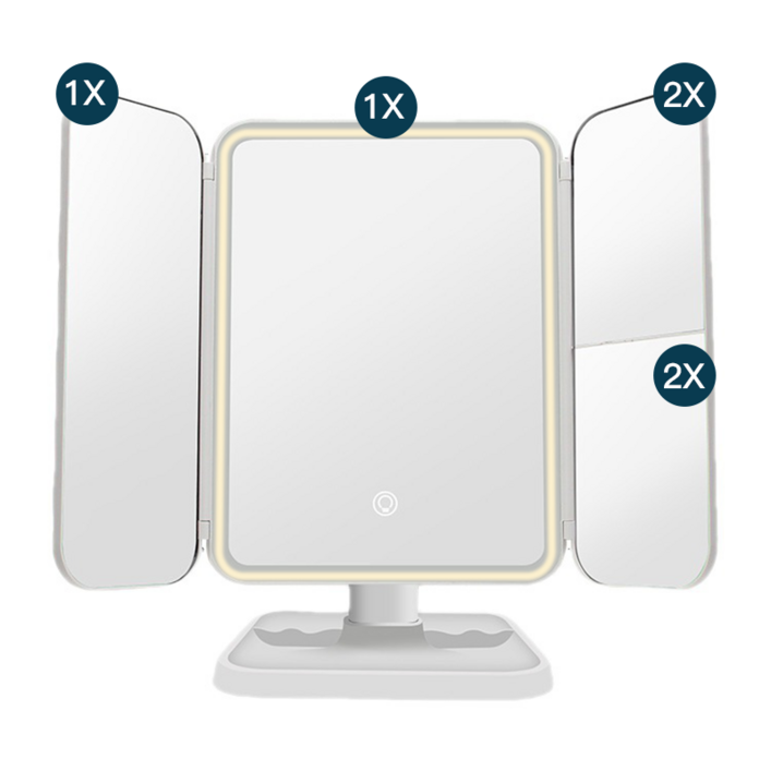 Keka 접이식 탁상 거울 LED 조명 2배 확대경 메이크업 미러 Type-C 충전식, 화이트
