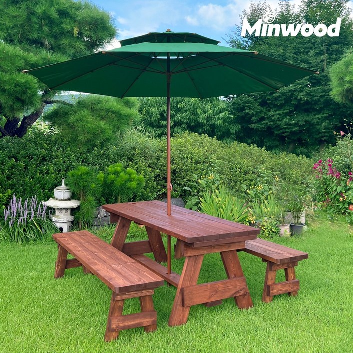 올리브가구 분리형 야외원목테이블 카페테이블 야외평상 바베큐그릴 파라솔 야외테이블세트, 분리형테이블 4인 월넛색2회도색