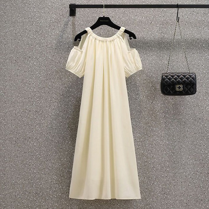 POMTOR 여성 여름 루즈핏 소매 롱 오프숄더 퍼프 스커트 빅사이즈 날씬해 보이는 원피스