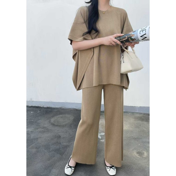 여성 여름 니트 투피스 세트 반팔 상의 와이드 팬츠 꾸안꾸 데일리룩 마실룩 등원룩 빅사이즈