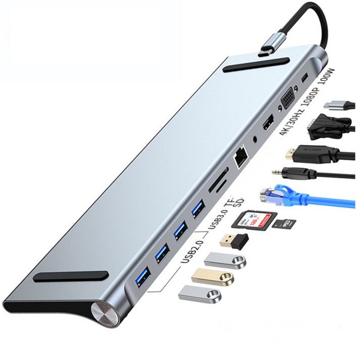 큐앤씨 10포트 ,11포트 12포트 13포트 노트북 스탠드형 USB ,VGA, AUX,HDMI,PD100W, C타입 멀티 허브, 11 in 1, 1개