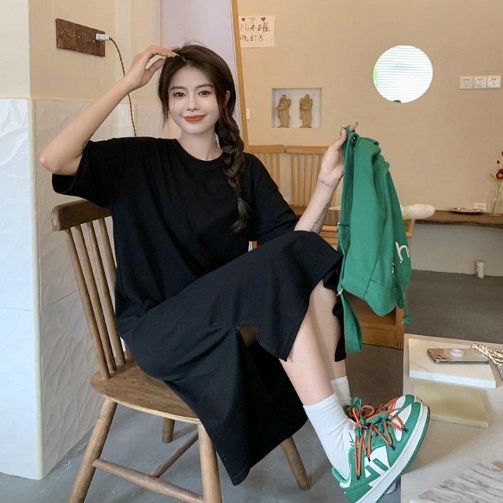 오버핏 옆트임 라운드 반팔 롱원피스 M3XL 빅사이즈