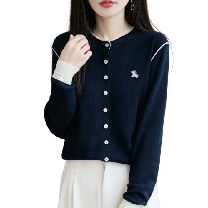 Makone 여성 라운드넥 자수 싱글 브레스트 캐주얼 큐티 데일리 니트 가디건
