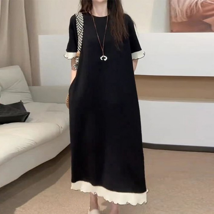 패션 150kg까지 빅사이즈 여름 반팔 원피스 여성용 배색 데일리룩 시크한 루즈핏 날씬해 롱스커트