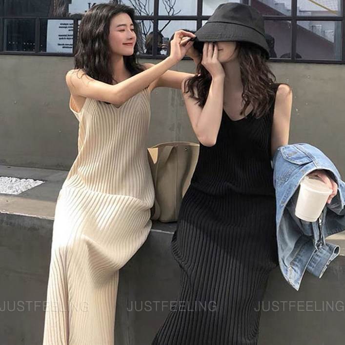 JUSTFEELING 빅사이즈  니트 롱 원피스 바캉스 나시 민소매 니트티 봄 가을 여름 여성의류 슬림핏 이너니트 D10U