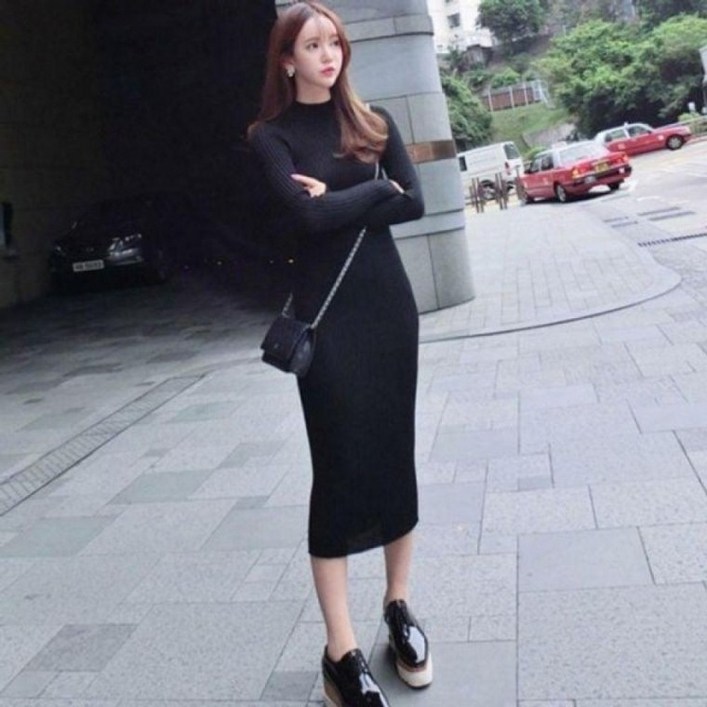 반목 롱 여름 골지 슬림핏 원피스 여성 니트