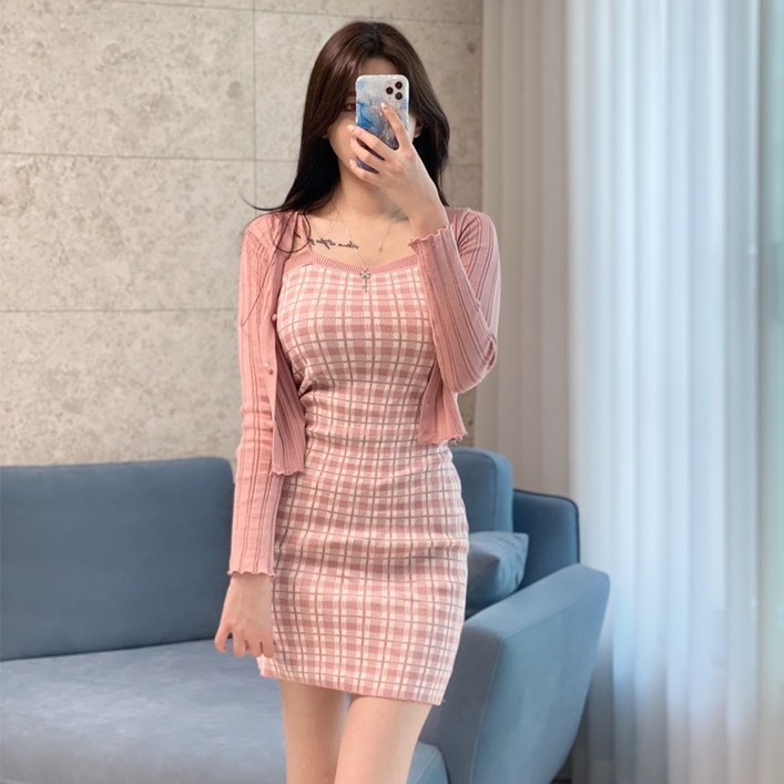 스키니어 골지 가디건체크 미니 원피스 세트 SET 투피스 sz88236