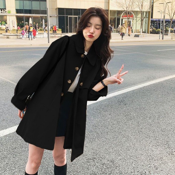COSYEVNO 여성 벌룬소매 트렌치코트 루즈핏 캐주얼  루즈핏 A라인 하프코트