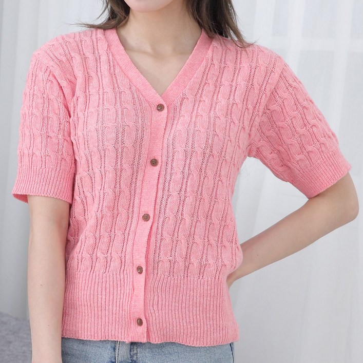 미스티그레이 케이블 꽈배기 반팔 여성 니트 가디건