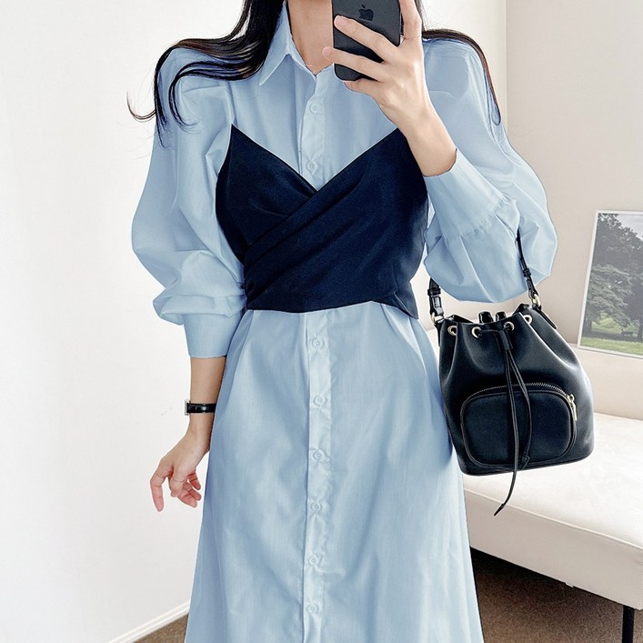 요시아나 당일발송 네일라 배색 랩 뷔스티에 셔츠 언바란스 롱 원피스 2컬러