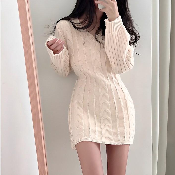 레티고 여성 브이넥 꽈배기 A라인 니트 숏 원피스