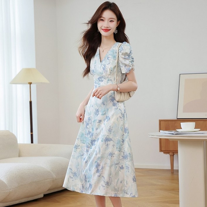 여성 여름봄가을 플라워 맥시 원피스 V넥 A라인드레스 데이트룩