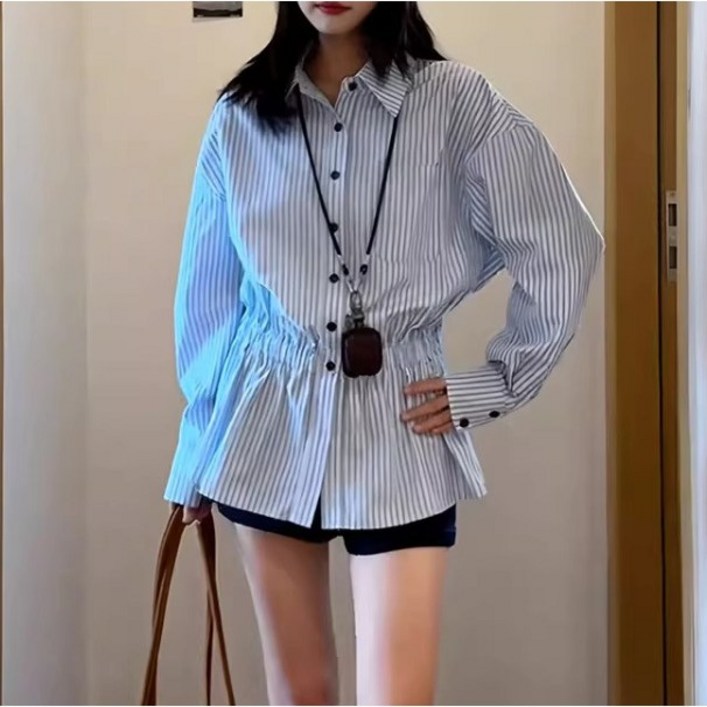 Asure 여성 스트라이프셔츠 밴딩 프릴 남방셔츠 꾸안꾸