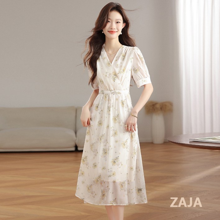 ZAJA 여성 브이넥 반팔 쉬폰 꽃무늬 원피스 여름 패션 슬림핏 A라인 미디원피스